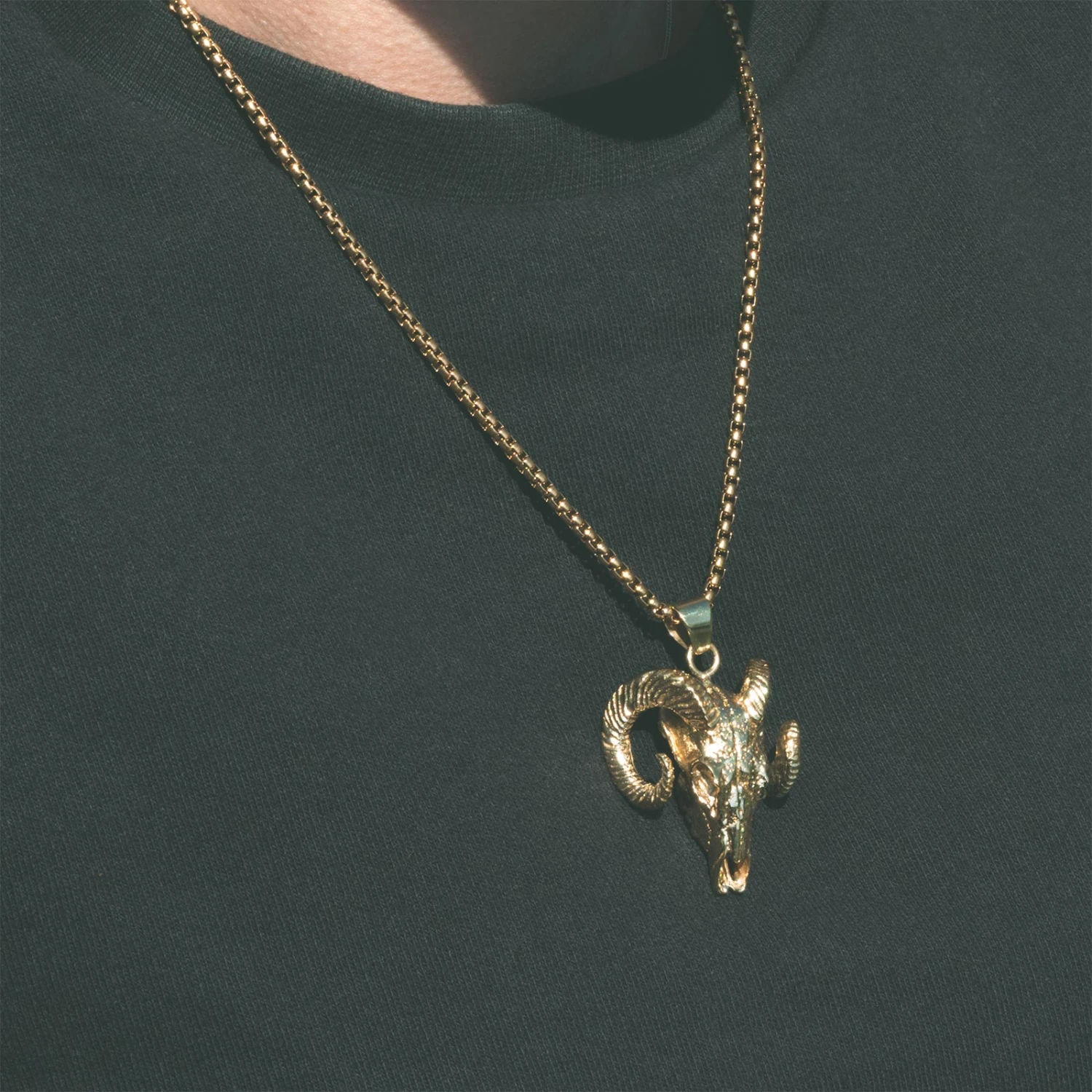 Ram Skull Brass Pendant With 18k Gold Box Chain 4 Ram Skull Brass Pendant With 18k Gold Box Chain - Image 2