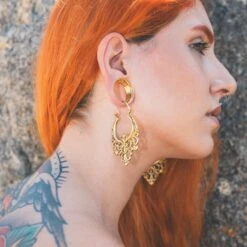 Regal Floral Brass Plug Hoops -Stretch It Body Jewellery regal floral brass plug hoops model shot