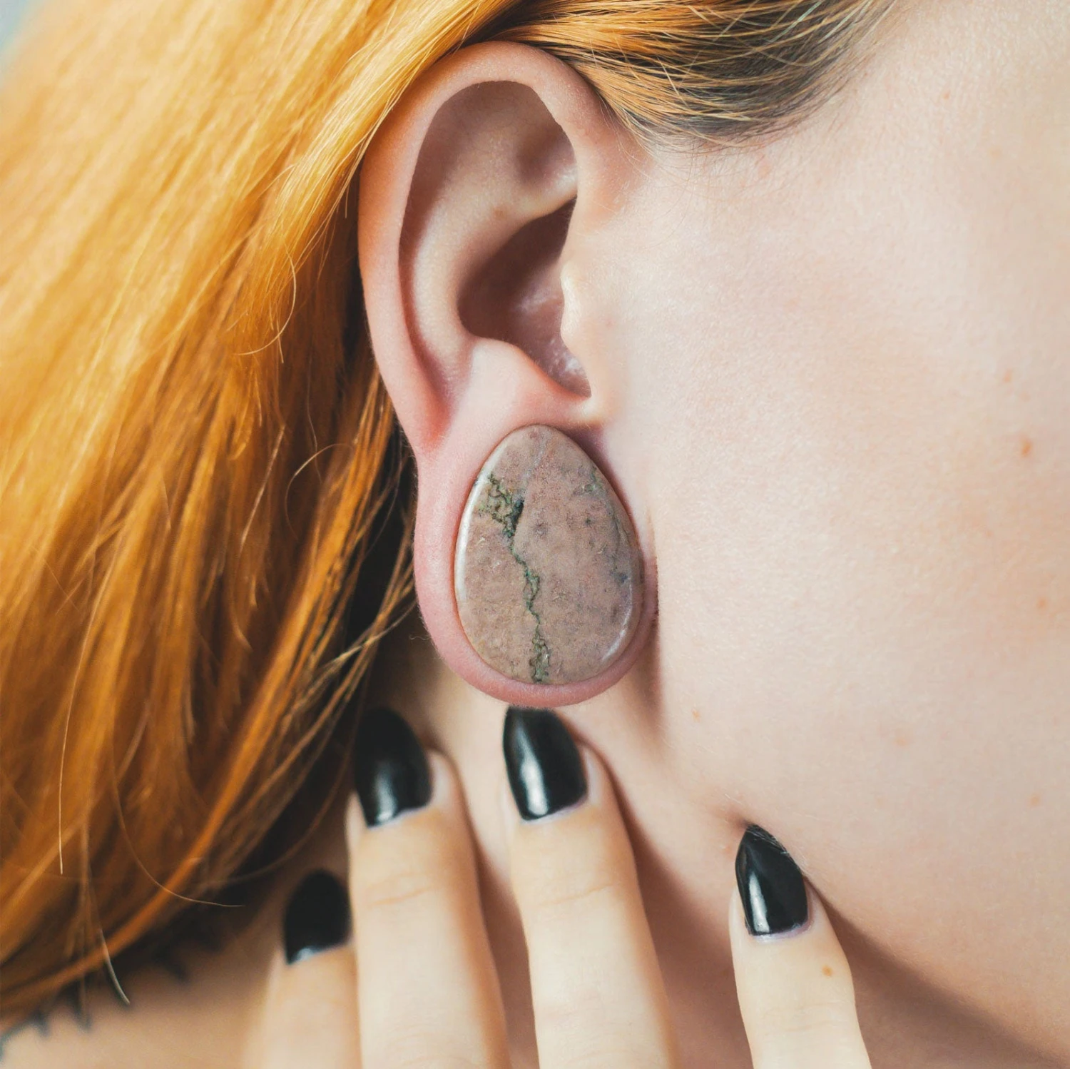 Rhodonite Double Flare Convex Teardrop Plug 5 Rhodonite Double Flare Convex Teardrop Plug - Image 3