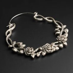 Rose Vine Antique Silver Plug Hoops