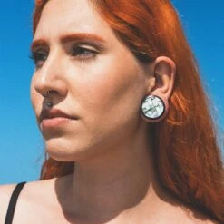 Sono Wood Double Flare Plug With Abalone Shell & MOP Mosaic Inlay -Stretch It Body Jewellery sono wood double flare plug with abalone shell mop mosaic inlay model shot side shot