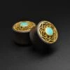 Sono Wood Double Flare Plug With Brass Lotus Flower & Crushed Turquoise Inlay