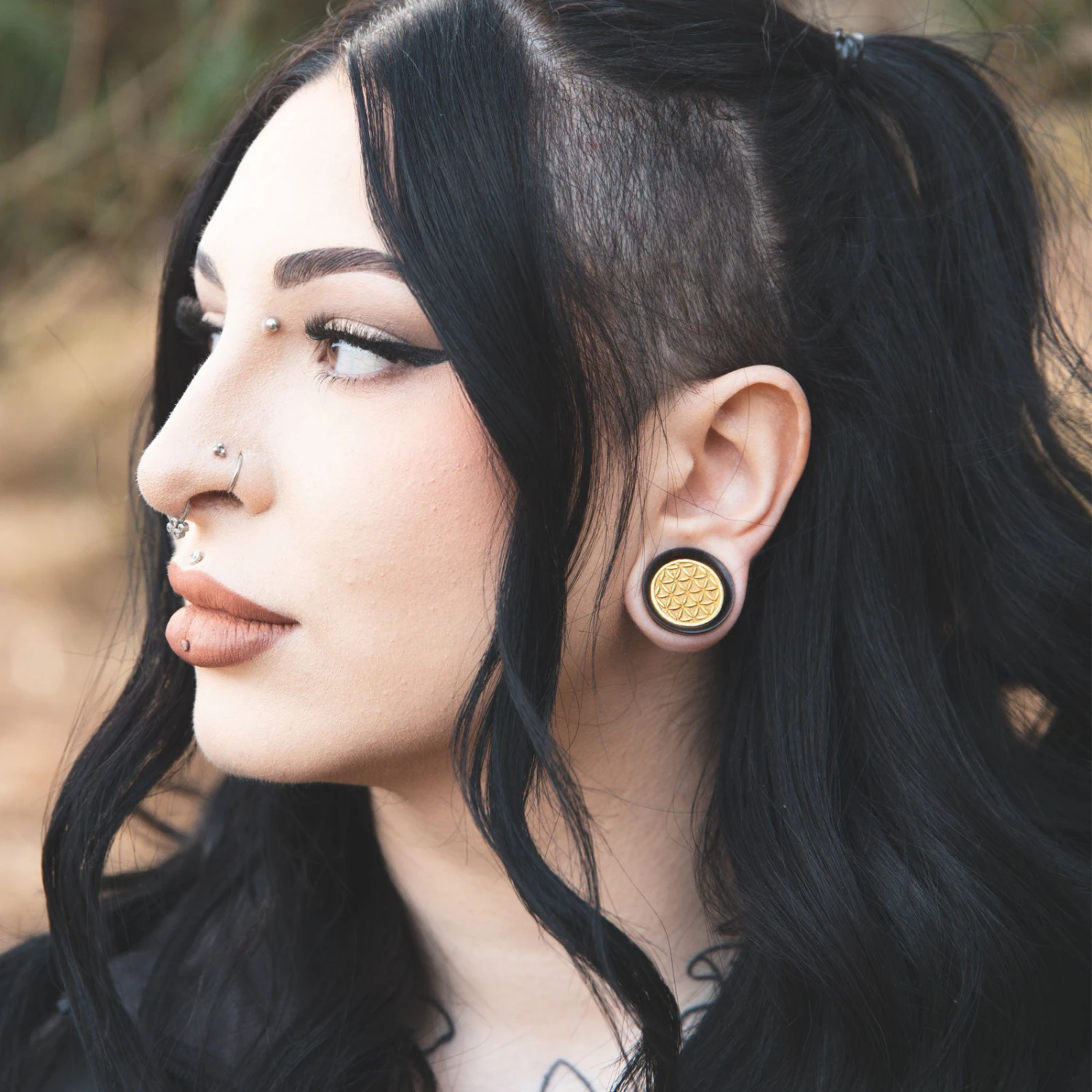 Sono Wood Double Flare Plug With Brass Seed Of Life Inlay 4 Sono Wood Double Flare Plug With Brass Seed Of Life Inlay - Image 2