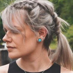 Sono Wood Double Flare Plug With Crushed Turquoise Inlay -Stretch It Body Jewellery sono wood double flare plug with crushed turquoise inlay model shot side shot