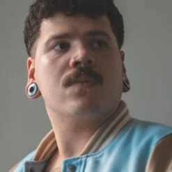 Sono Wood Double Flare Tunnel With Crushed Turquoise Halo Inlay -Stretch It Body Jewellery sono wood double flare tunnel with crushed turquoise halo inlay model shot