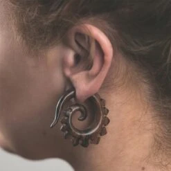 Sono Wood Fake Gauge Spiral With Dragons Tail Carving -Stretch It Body Jewellery sono wood fake gauge spiral with dragons tail carving model shot