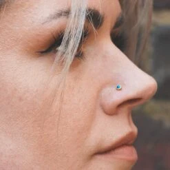 Synthetic Blue Opal Brass Nose Stud (Nose Bone) -Stretch It Body Jewellery synthetic blue opal brass nose stud nose bone model shot close up