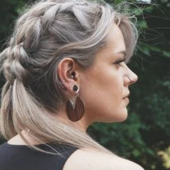 V-Circle White Brass & Narra Wood Plug Hoops -Stretch It Body Jewellery v circle white brass narra wood plug hoops model shot