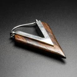 V-Shape White Brass & Narra Wood Plug Hoops