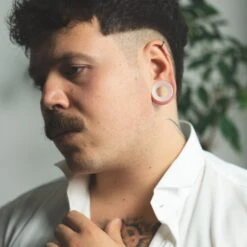 White Jade Double Flare Concave Stone Tunnel 9 White Jade Double Flare Concave Stone Tunnel -Stretch It Body Jewellery white jade double flare concave stone tunnel side shot